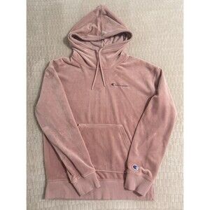 Champion Pink Velour Pullover Hoodie Drawstring Women’s Size S